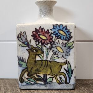 Pottery Barn Vase Deer Bird Floral Square Rectangle Pottery 7" tall x 4.5" wide